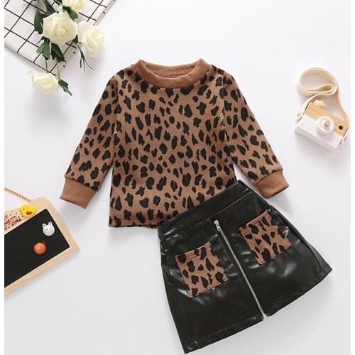 Autumn Clothes Kids Girl Two Piece Set Brown Leopard Print Long Sleeve Pullover Sweater Hip Pocket Skirt 1-5Y