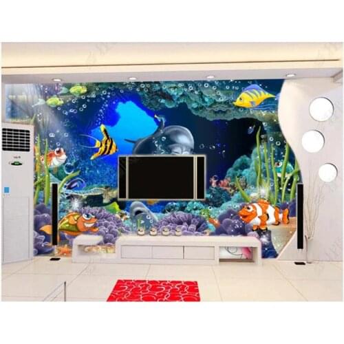 Custom photo wallpaper for walls 3 d murals Beautiful Underwater world dolphin cartoon children room background wall mural