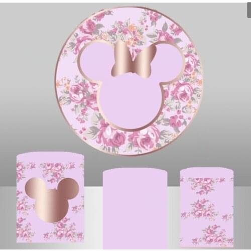 Pink Mouse Head Cover Backdrop Girls Birthday Party Decor Baby Shower Backdrop Circle Round Backdrop Elastic Polyester