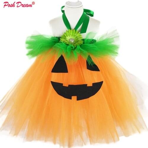 POSH DREAM Orange Halloween Children Kids Tutu Dresses Pumpkin Green Toddler Baby Girls Cosplay Tutu Dresses For Halloween Party