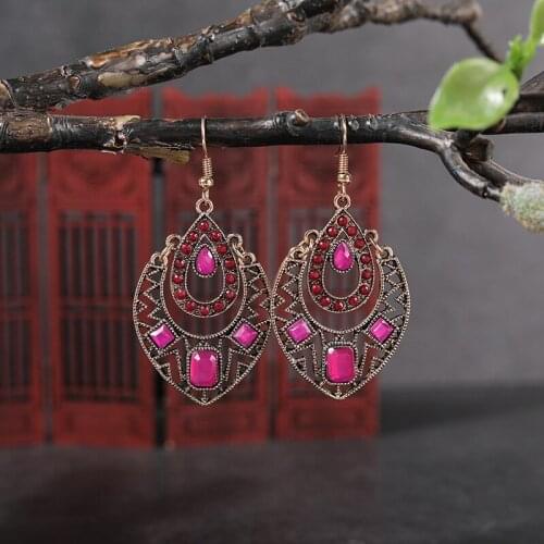 Vintage Hollow Geometric Crystal Dangle Earrings for Women Ethnic Bohemian Earring Retro Party Jewelry 2021 New