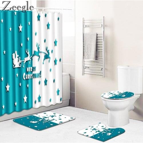 Zeegle 4pcs Waterproof Shower Curtain Christmas Bath Curtain Non-slip Bathroom Carpet Set Absorbent Bathroom Toilet Pedestal Mat