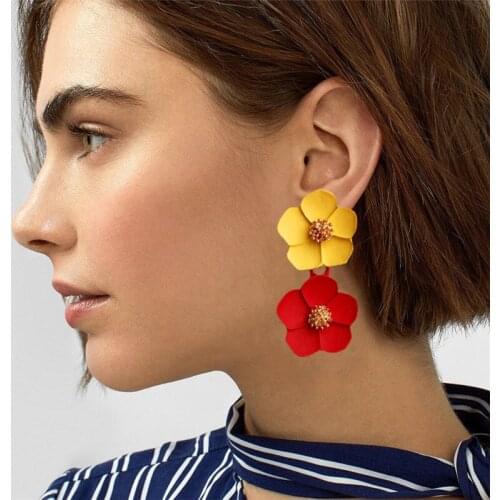 Shopify Hot Sale Flower Pendant Earrings Romantic Multi-color Double-layer Painted Flowers Petal Earrings for Women Dropshipping