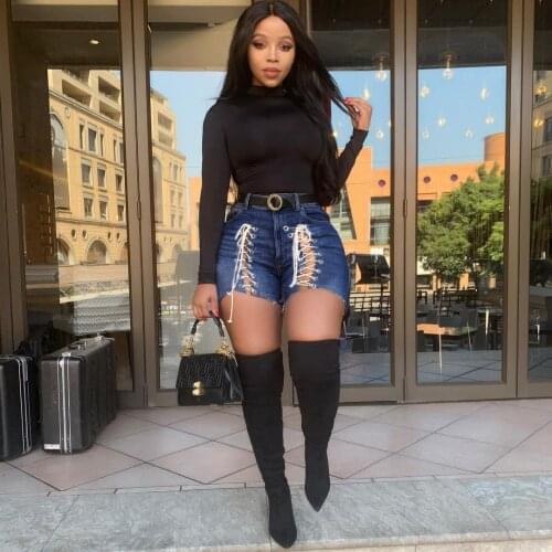 European and American plus size summer womens fashion personality high-waist hollow strap denim shorts hot pants