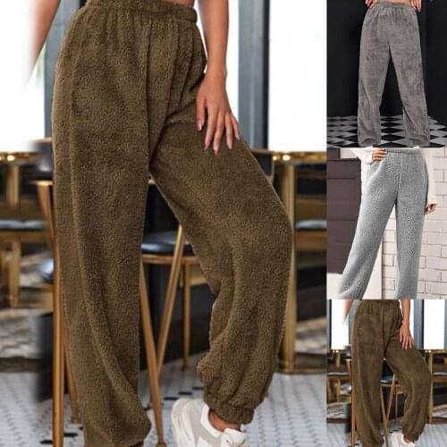 Women Solid Color High Waist Warm Trousers Ankle Tied Fluffy Loose Home Pants Outswear women clothing Pants