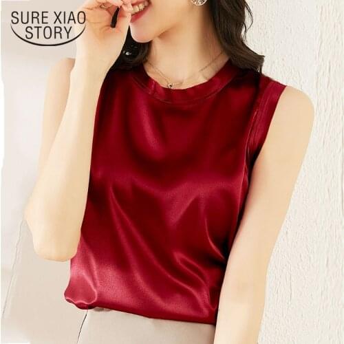 2021 Summer New Style Solid Color Satin Vest Female O-neck Silk Sleeveless Blouse Women All-match Pullover Slim Outer Vest 9610