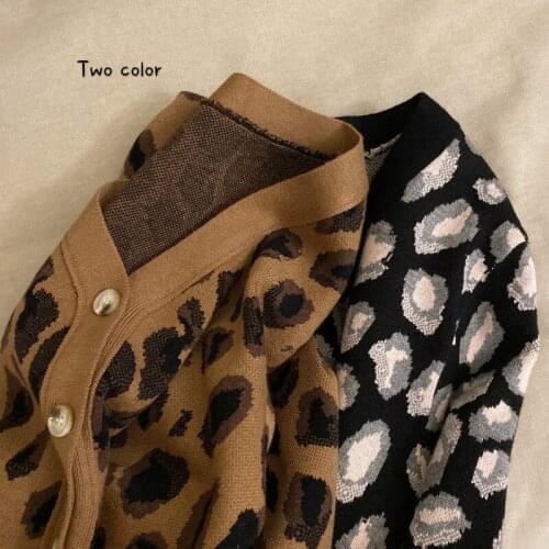 Vintage Leopard Knitted Cardigan Women New Korean Spring V-neck Single-breasted Loose Sweater Coat Casual Knitwears Outwear Tops