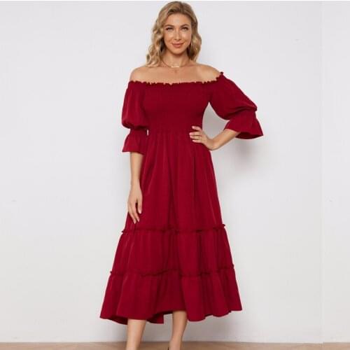2021 Summer Red Off Shoulder Sexy Dress Women Slash Neck Solid Color Long Dresses For Women Wedding Elegant Party Dress