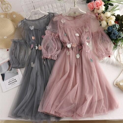 2021 Summer Two Piece Spring Women Lace Dresses Butterfly Embroidery Mesh Dress Girl Party Dress Womens Clothing Vestidos 1366
