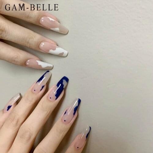 GAM-BELLE 24Pcs Long Ballerina Fake Nails Blue White Graffiti Full Cover Detachable Artificial Press On Nails Decoration
