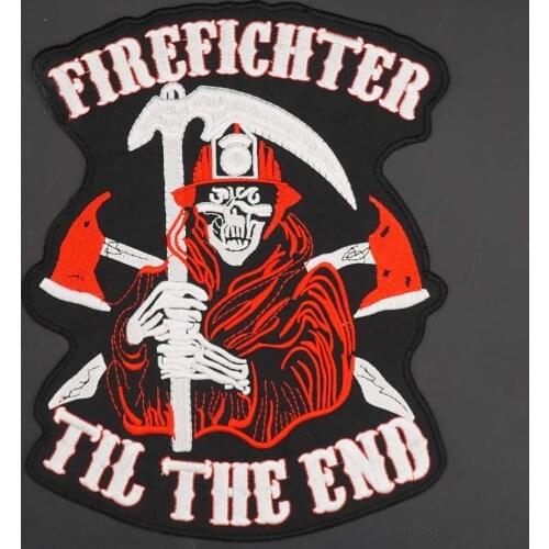 Large FIREFICHTER TIL THE END Iron On Embroidery Patch Badge for Biker Leather Jacket Back