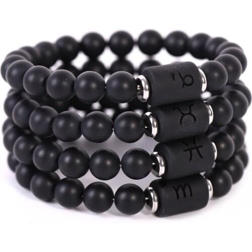 Reiki Natural Black Stone Beaded 12 Constellations Bracelets Zodiac Leo Virgo Libra Wristband Friend Bracelets for Male Couples