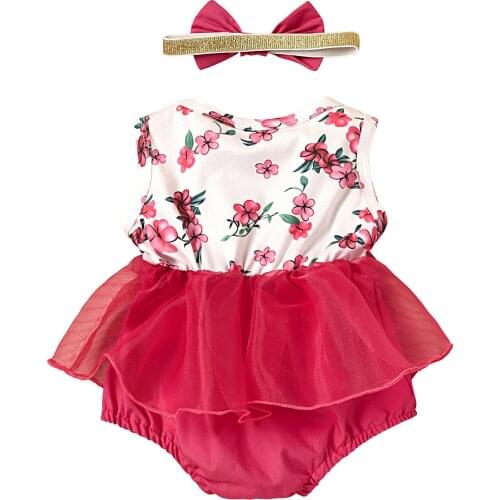 Baby Girl’s Casual Sleeveless Romper Fresh Flower Mesh Yarn Stitching Jumpsuits and Headband