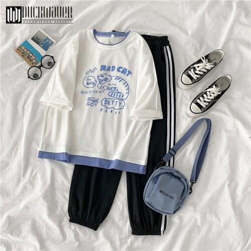 Duckwaver Brand Colorblock Short Sleeve Cute Tops & Elastic Waist Cargo Pants Set Casual Basic Women 2 Piece Sets Summer Female