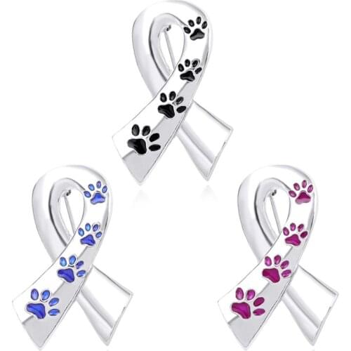 Silk Ribbon Broches Women Enamel Pet Paw Prints Pins And Brooches Cat Dog Memorial Pin Black Blue Brooch Metal Silk Satin Badge