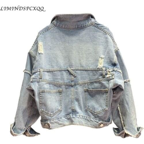 European Style Jean Jacket Women New Retro Light Blue Denim Jacket Spring Coat Pockets Fur Trim Ripped Hole Coat Chaqueta Mujer