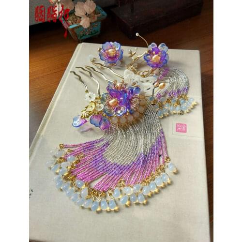 Gradient Color BingFen-Lie Ying Series Original Vintage Handmade Hanfu Hair Accessories Hair Stick Hair Grip Hair Pin Earrings