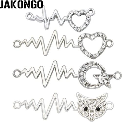 JAKONGO Silver Plated Crystal Electrocardiogram Heart Fox Charm for Jewelry Making Pendant Necklace Accessories DIY 4pcs/lot