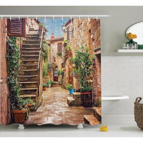 Shower Curtain Set View of an Old Mediterranean Street with Stone Rock Houses in Italian City Rural Culture Bath Decor