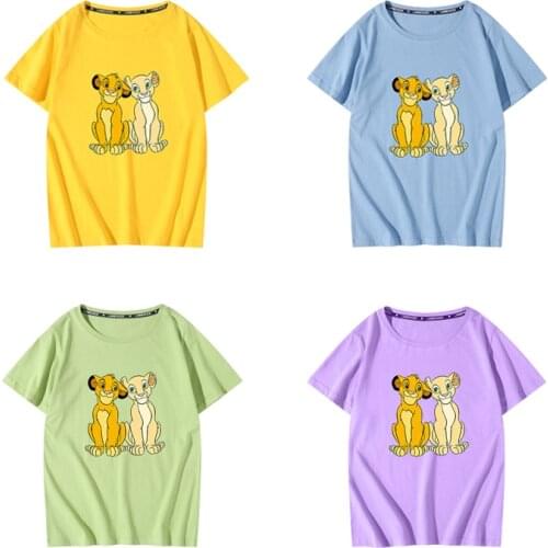 Summer Parent-child Color Tshirt Simba Cartoons Print Streetwear Base Cotton 100% Loose T-Shirt Children Clothes Kawaii Tops