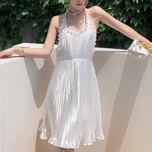 Fashion French Vintage Pearl Sleeveless Mini Party Club Dress Ladies Coffee Break Elegant Sexy Halter Backless Beach Short Dress