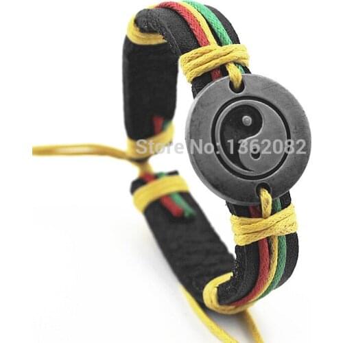 Fashion Colorful Hand woven Alloy Tai Chi Yin & Yang Leather Bracelets Bangle MB109