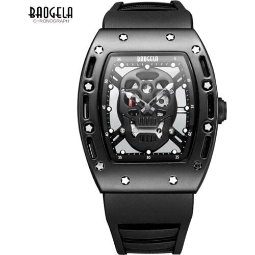 Baogela Mens Army Military Quartz Wrist Watches Silicone Sports Skeleton Waterproof Relogios Masculinos Clock 1612-Black