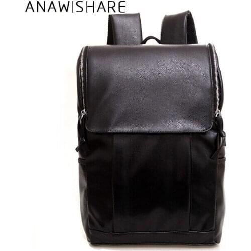 ANAWISHARE Men Backpacks Black Pu Leather Male Schoolbags For Teenagers Mochilas Man Backpacks Waterproof Casual Rucksack