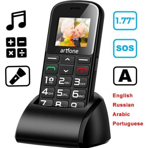 Stand By English, Russian, Arabic, Portuguese Mobile Phone for Elderly People, Artfone 1400mAh Battery Unlocked SOS Phone