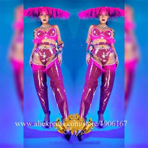Nightclub Sexy Lady Pink Leopard Dance Clothes With Feathers Pink Big Hat Halloween Ballroom Costumes Party Performance DS Suit