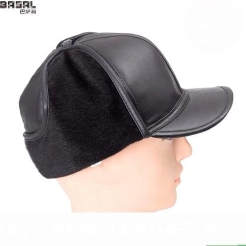 New Men Black 100% Real Sheepskin Leather Winter Warm Russian Warm Cheek Ears Hat