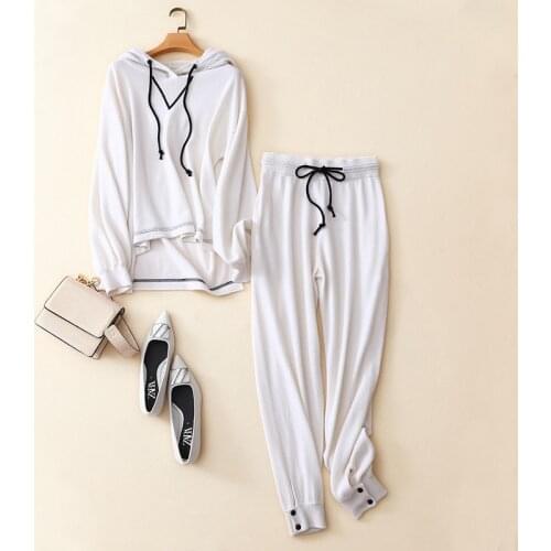 Autumn winter new 2021 womens 100% pure cashmere suit hooded sweater fashion wide-leg pants two-piece female trend