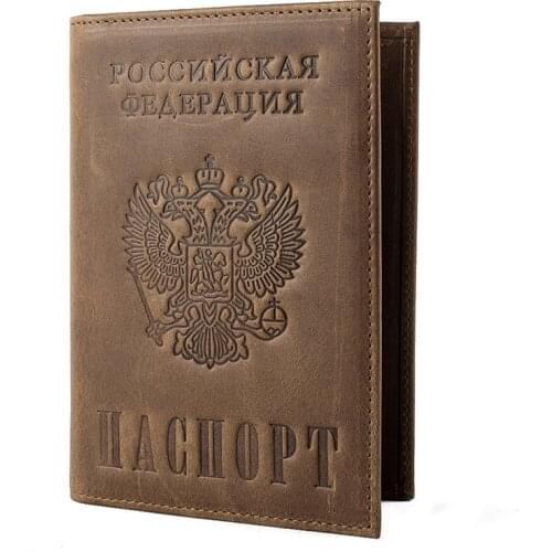 Russian and American Genuine Leather Passport Covers Men Crazy Horse Leather Card Wallet Card ID Holders Dark Brown