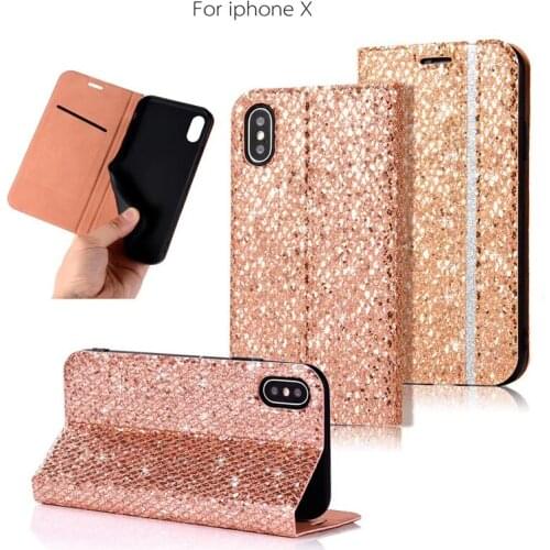 Luxury Bling Glitter Flip Leather Phone Case For iPhone X 8 Plus 6 6S 7 Plus Stand Holder PU Leather Soft TPU Silicone Cover