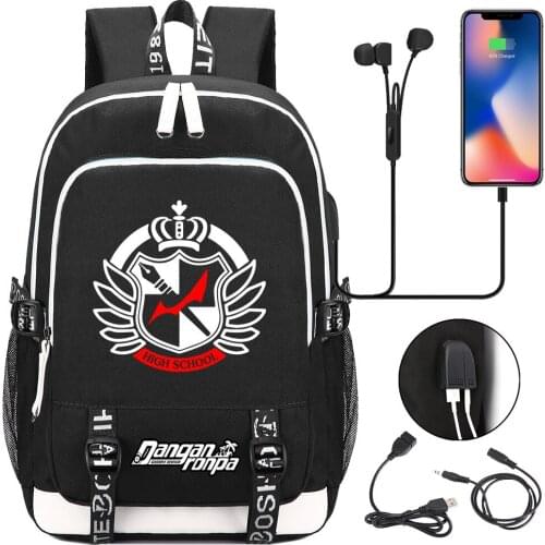 Danganronpa Monokuma USB Backpack Laptop Bags Anime Cosplay Boys Girls Schoolbags Bookbag Black Shoulder Travel Bags