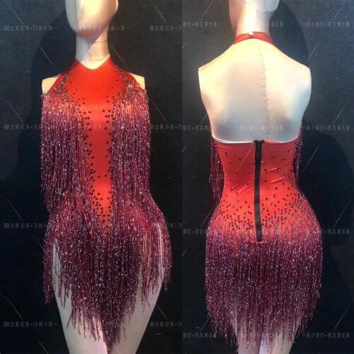 Sexy Tassel Red Costumes Club Bar One-Piece Shorts Ballet Dress Stage Performance
