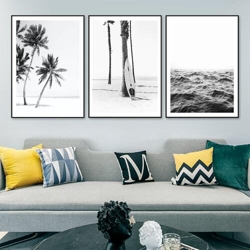 Modern Black White Wall Art Canvas Painting Coconut Tree Beach Island Wave Poster And Prints Wall Picture For Living Room Decor