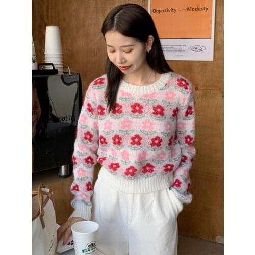 Korobov Korean Fashion O Neck Long Sleeve Women Pullovers Sweaters Japanese Sweet Flower Knitted Sueter Mujer Vintage Sweater