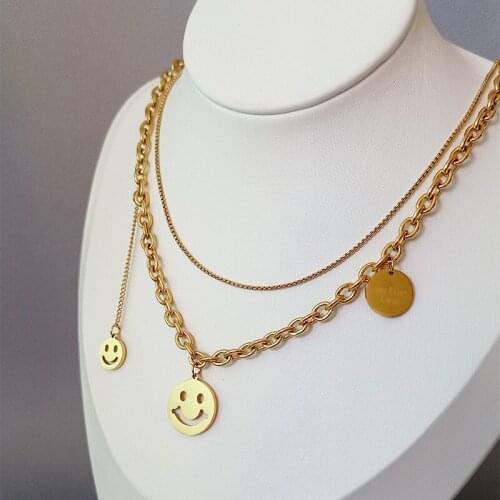 Vintage Gold Titanium Steel Necklace Women Geometric Romantic Smiling Face Chain Multilayer Choker Necklace Female Jewelry Gift