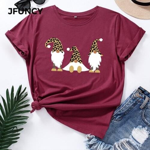 JFUNCY Short Sleeve Womens Cotton T-shirt Santa Claus Christmas T Shirts Female Graphic Tees Tops Lady Tshirt