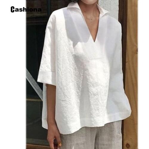 Plus Size 4xl 5xl Women Cotton Linen Shirt Basic Tops 2021 Summer Half Sleeve Casual Shirts Blouse Femme blusas shirt ropa mujer