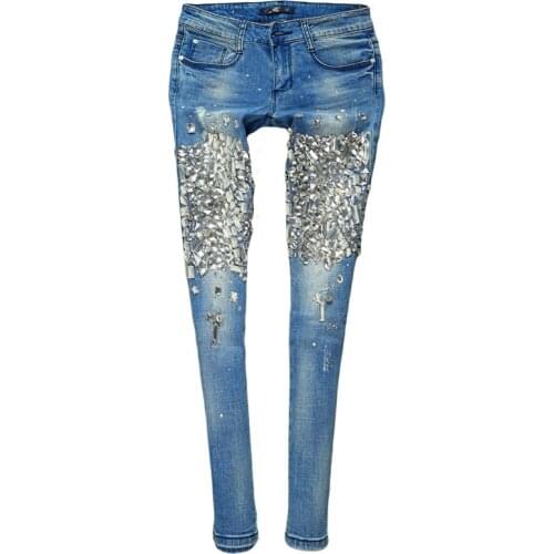 Female Diamond Beaded Jeans Fashion Slim Skinny Denim Pants Black Blue