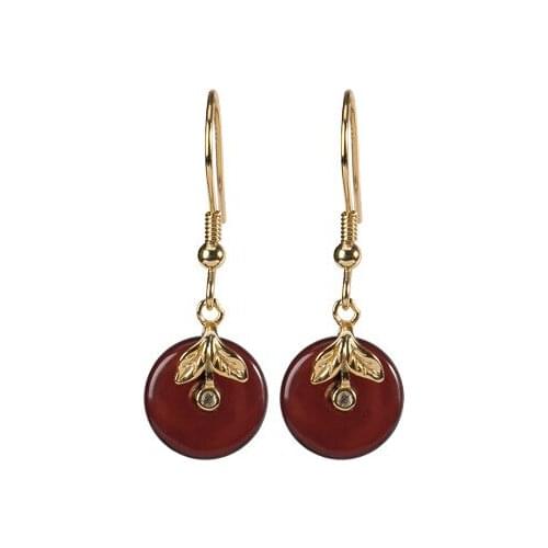 S925 sterling silver gold plated Natural Amber Blood Amber Eardrops Retro Leaves Peace buckle Ladies Earrings