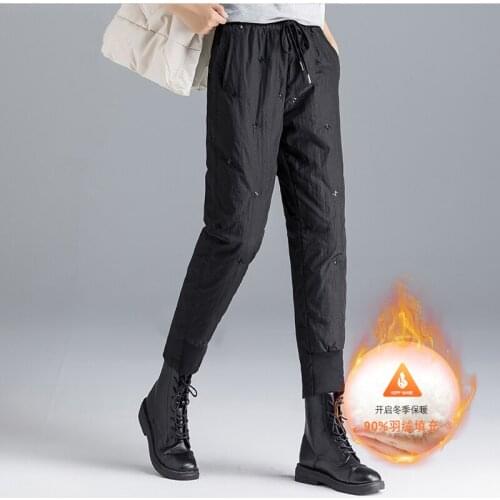 Womens Winter Pants Warm 90% White Duck Down Padded Pencil Pants Office Lady Slim Fit Elastic High Waist Down Trousers PT-497