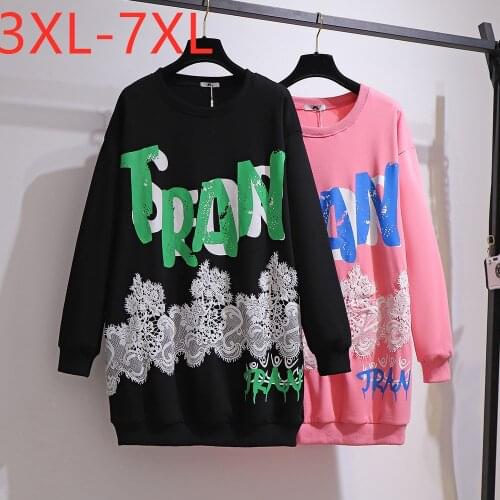New Ladies Autumn Winter Plus Size Tops For Women Large Long Sleeve Loose Print Lace Cotton Thick T-shirt 3XL 4XL 5XL 6XL 7XL