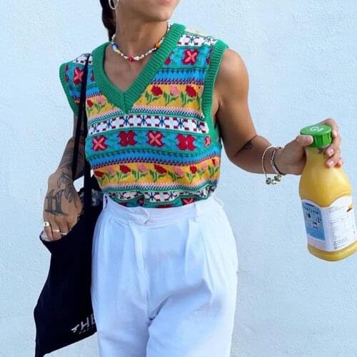 XEASY 2021 New Women Vintage V Neck Green Hook Flower Cute Sweater Vest Girl Sweet Casual Pullover Slim Chic Waistcoat Top