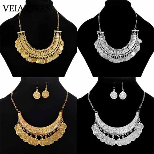 Women Gypsy Choker Necklace Fashion Girl Jewelry Bohemian Antique-Silver Coin Necklace Vintage Trendy Indian Ethnic Necklace Set