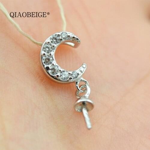 QIAOBEIGE 1pc Pearl jewelry accessory mounting Fashion MINI moon pearl pendant necklace 925 sterling silver For Women gift