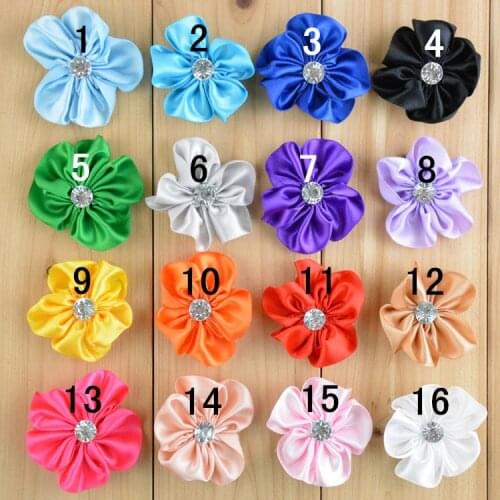 100 pcs/lot , 2.1 inch DIY Satin Ribbon Flowers with rhinestone center