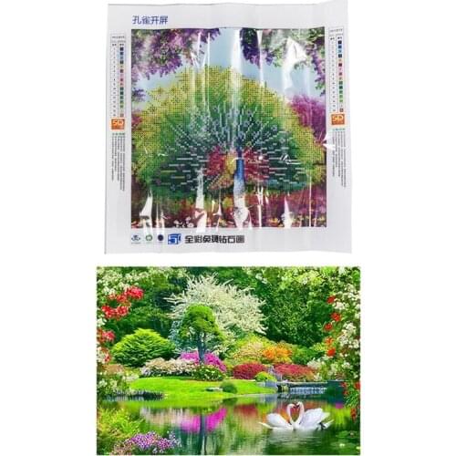 2Set DIY 5D Diamond Painting Cross Needle Embroidery Painting Decor, Peacock Wealth and Good Fortune & Lakeview Swan